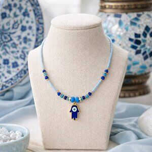 Turkish Handmade 18K Gold Plated Hamsa Evil Eye Blue Bead Boho Layering Necklace